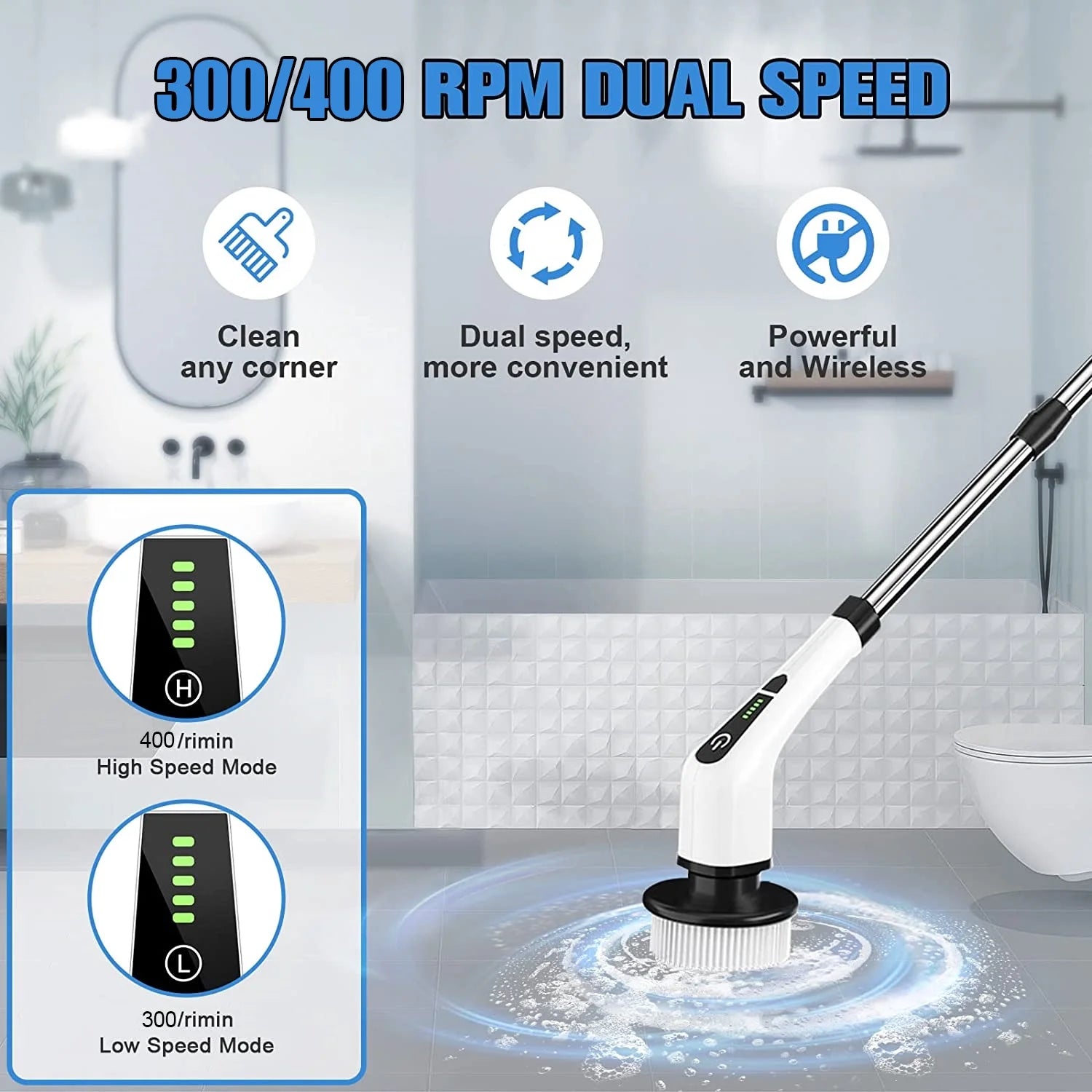 Electric Spin Scrubber, Cordless Bath Tub Power Scrubber with Long Handle & 7 Replaceable Heads, Detachable as Short Handle, Shower Cleaning Brush Household Tools for Bathroom & Tile Floor