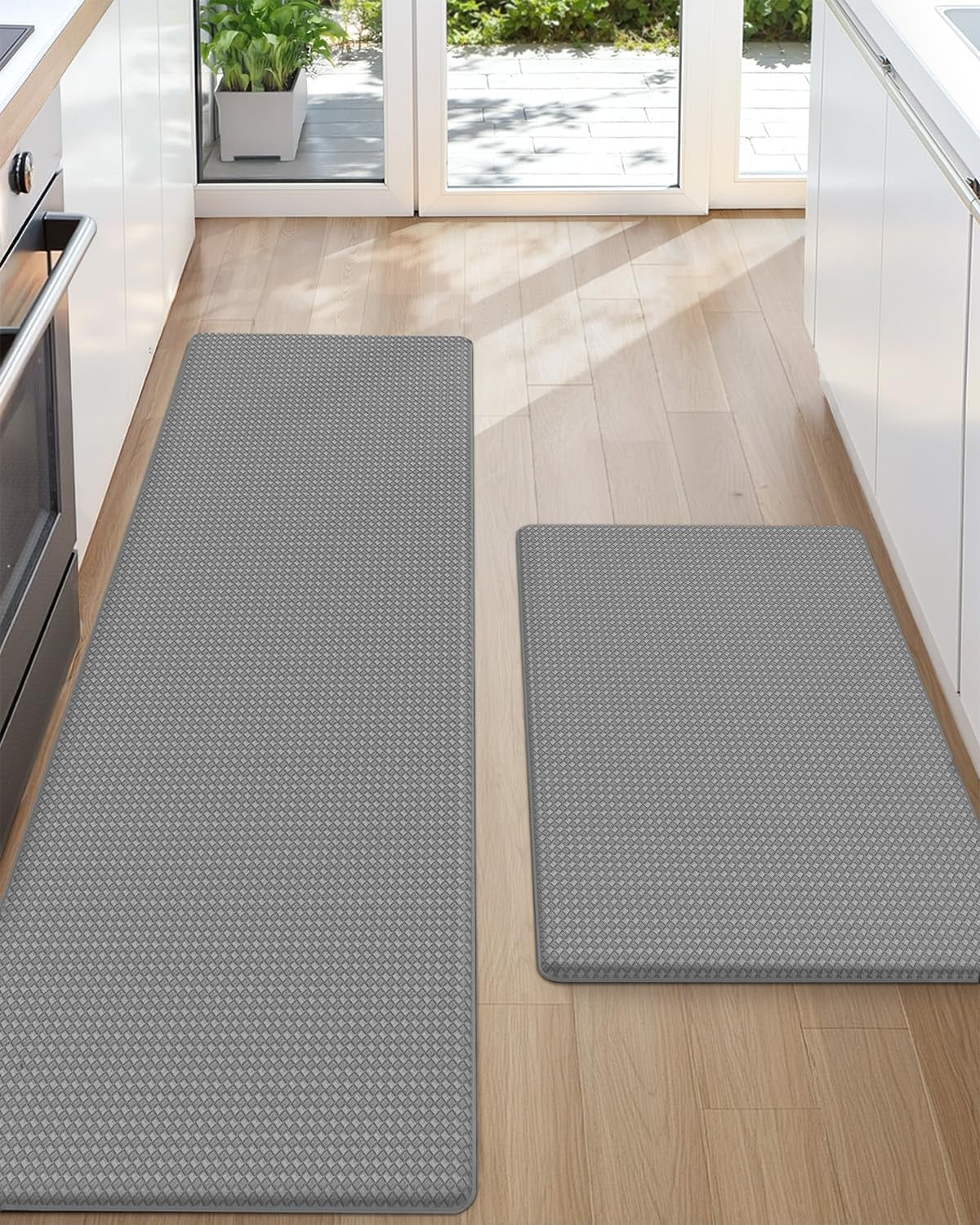 anti Fatigue Cushion Padded Kitchen Mat for Floor - 17X29+17X59,Easy Clean, Waterproof & Oil Proof, anti Slip, Foam Rubber Runner Rug for Front Sink Comfort Standing, Grey Set of 2