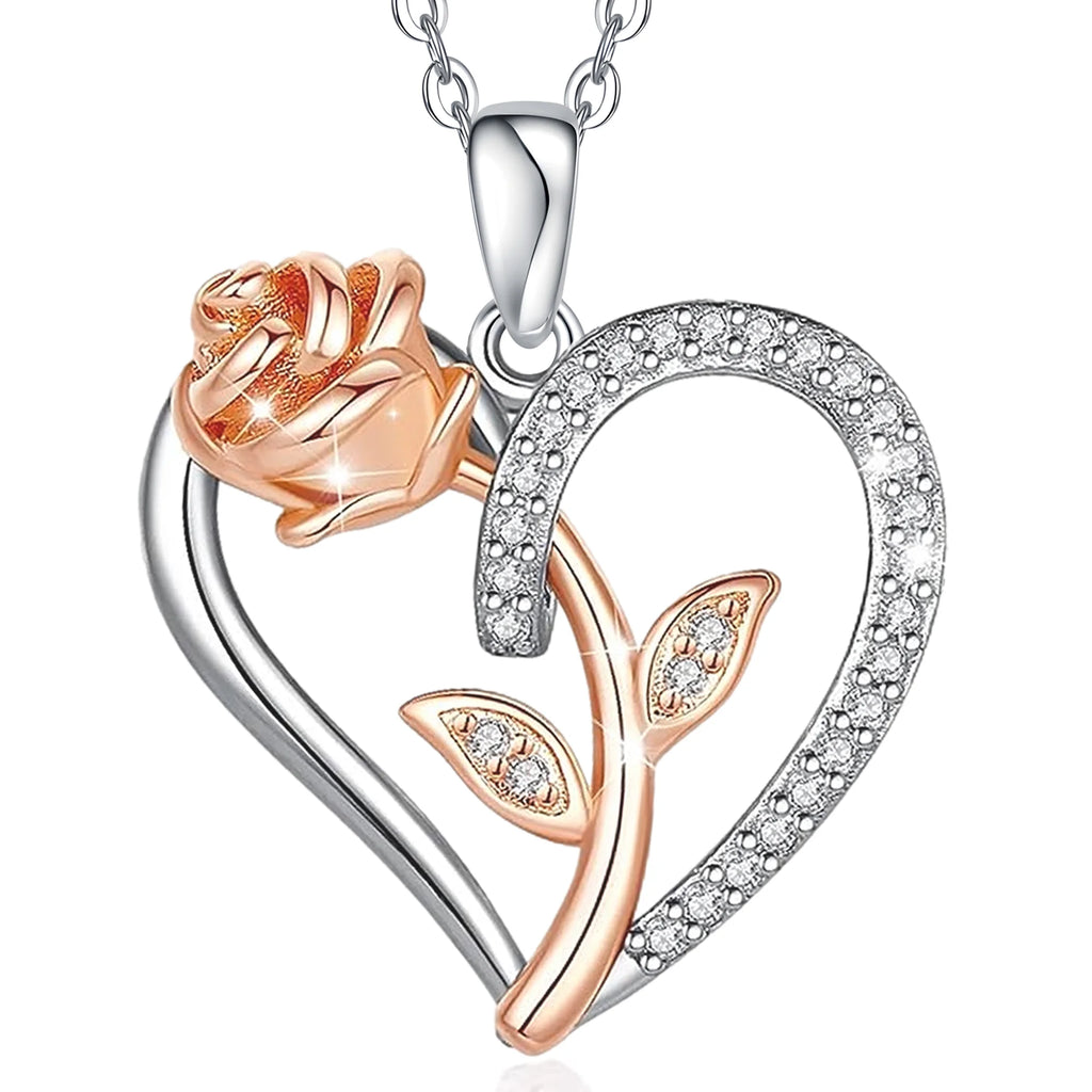 Sterling Silver Necklace for Women Mom Gift for Wife from Husband Valentines Day Girlfriend Rose Heart Necklace for Girlfriend Birthday Gifts Mother Daughter Pendant